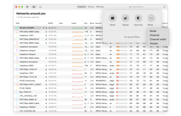 NetSpot — filtering options