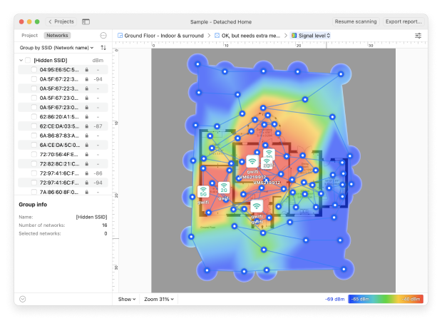 NetSpot WiFi 히트맵 (신호 대 잡음비)