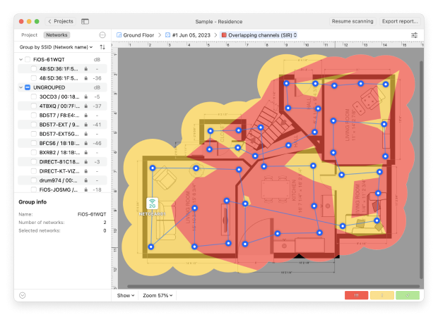 NetSpot WiFi Heatmap (overlapping channels (SIR))