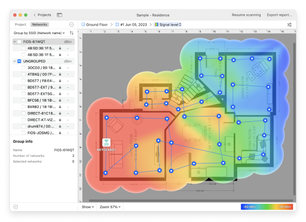 NetSpot WiFiヒートマップ（信号レベル）