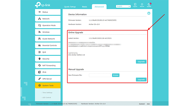 Firmware update interface for TP-Link routers