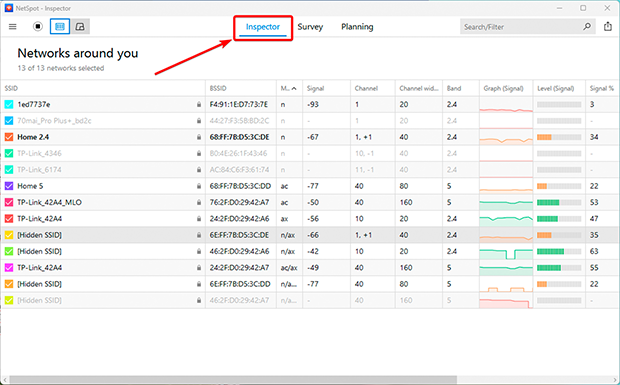 Wi-Fi Networks in NetSpot Inspector mode: signal strength, channels, and their parameters