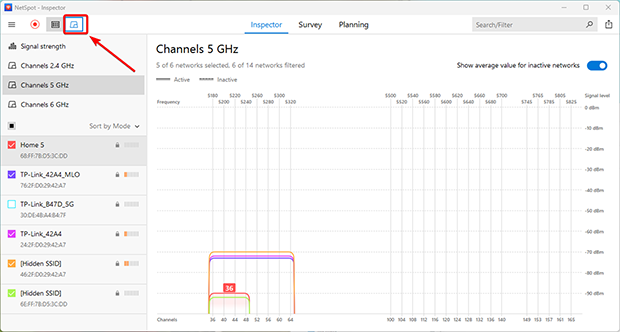 Signal level and noise graphs button