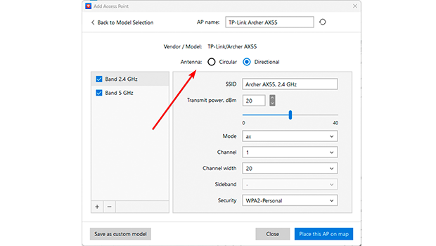 Antenna configuration parameters window in NetSpot