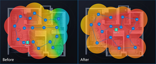 Example of how Wi-Fi signal coverage improves after repositioning the router