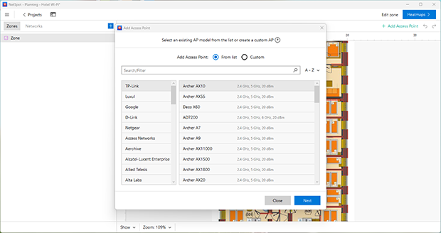 AP Selection Window in NetSpot’s Planning mode