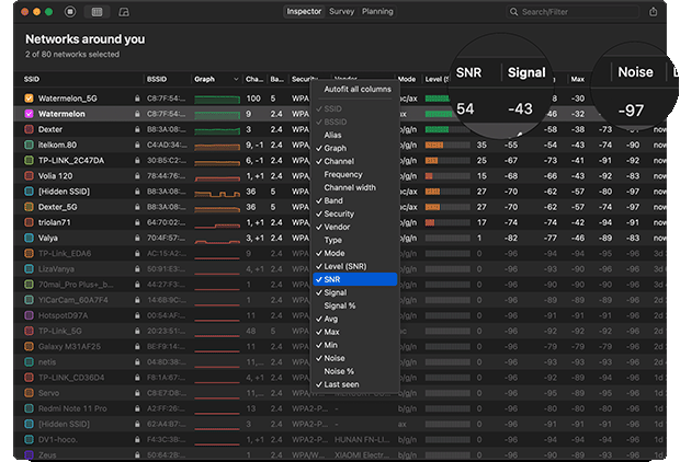 NetSpot Inspector mode SNR